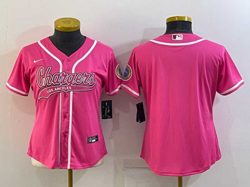 Women%27s Los Angeles Chargers Blank Pink With Patch Cool Base Stitched Baseball Jersey